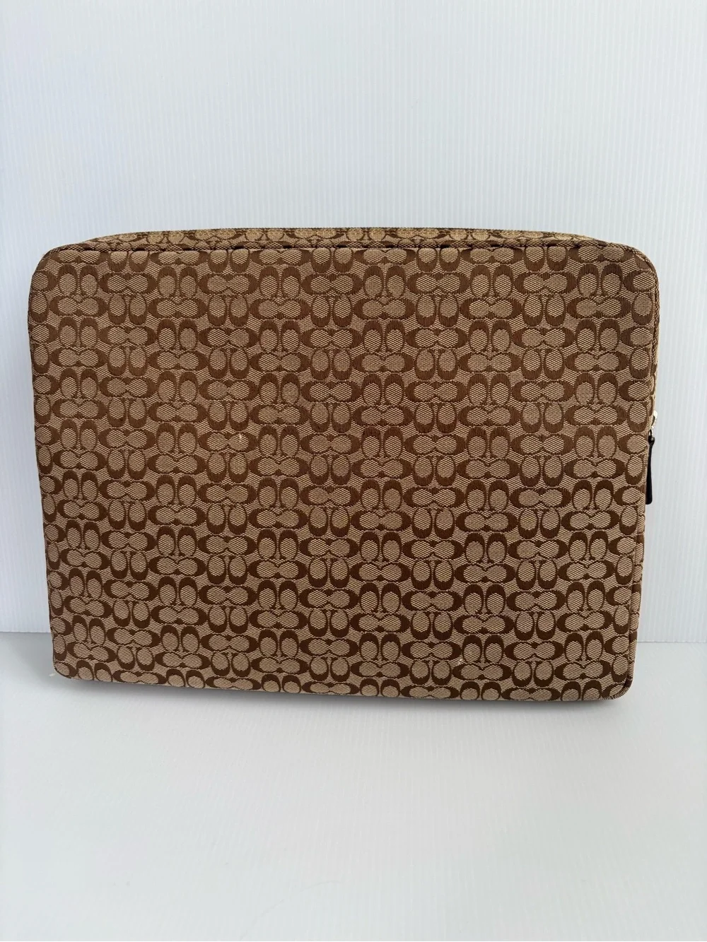Coach Brown Signature Canvas Laptop Sleeve with Tan Stripe